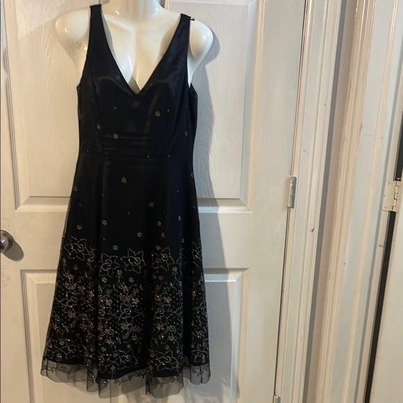 Adrianna Papell Black Midi Dress with Gold Floral Design - Picture 1 of 8